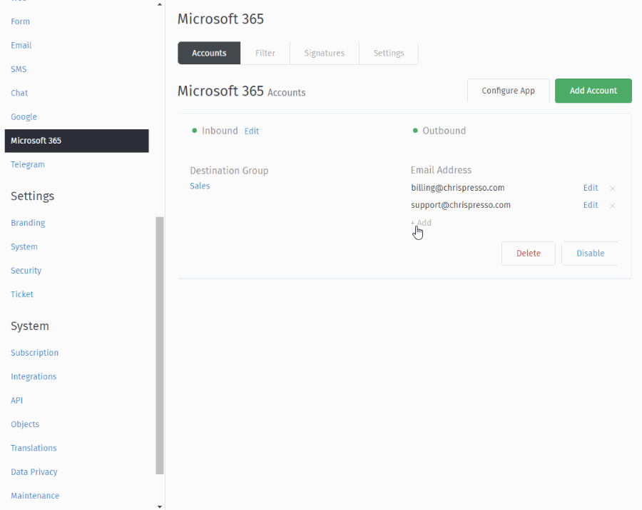Adding new aliases to your Microsoft account in Zammad