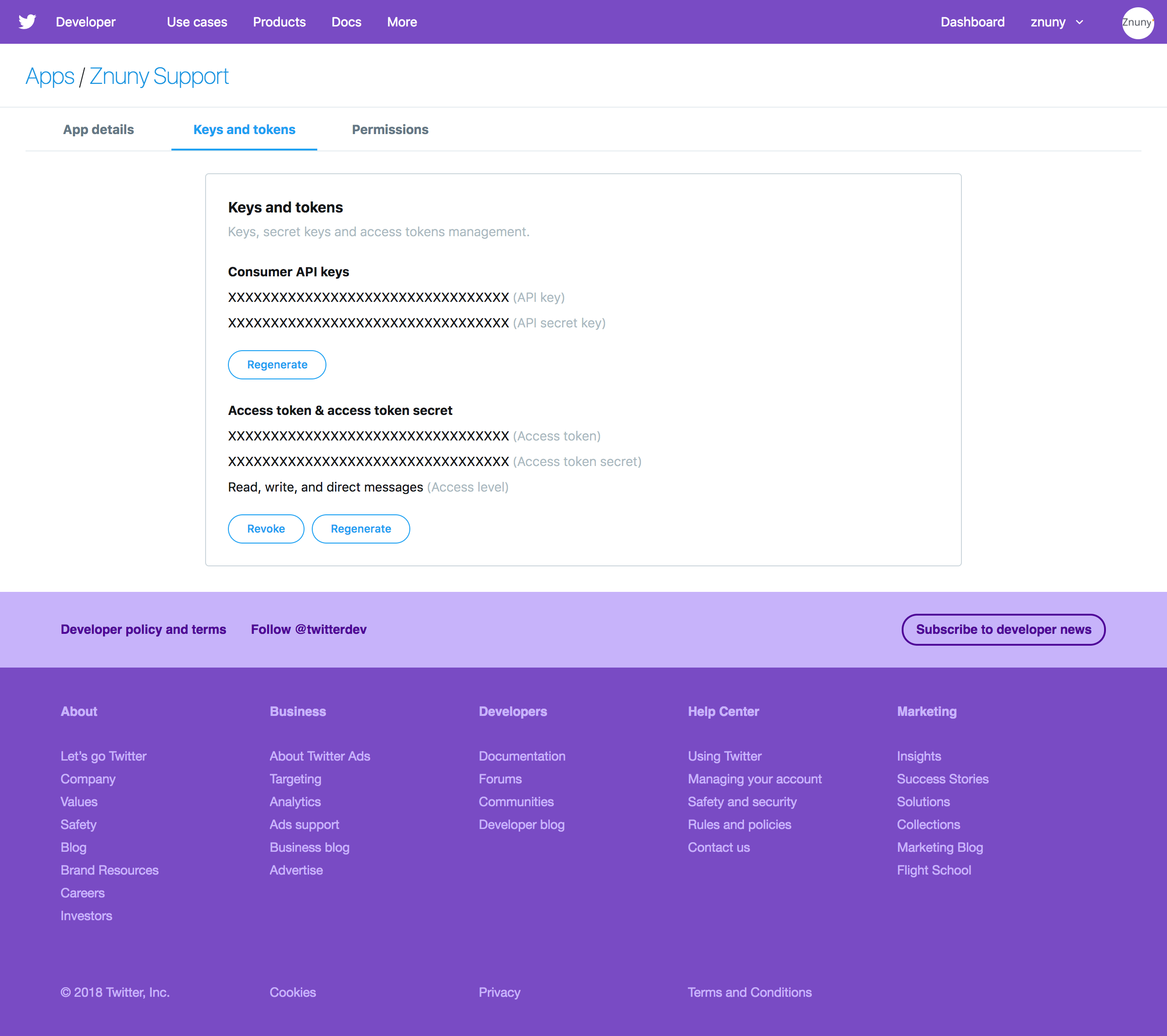 Twitter Developer account: App keys and tokens page