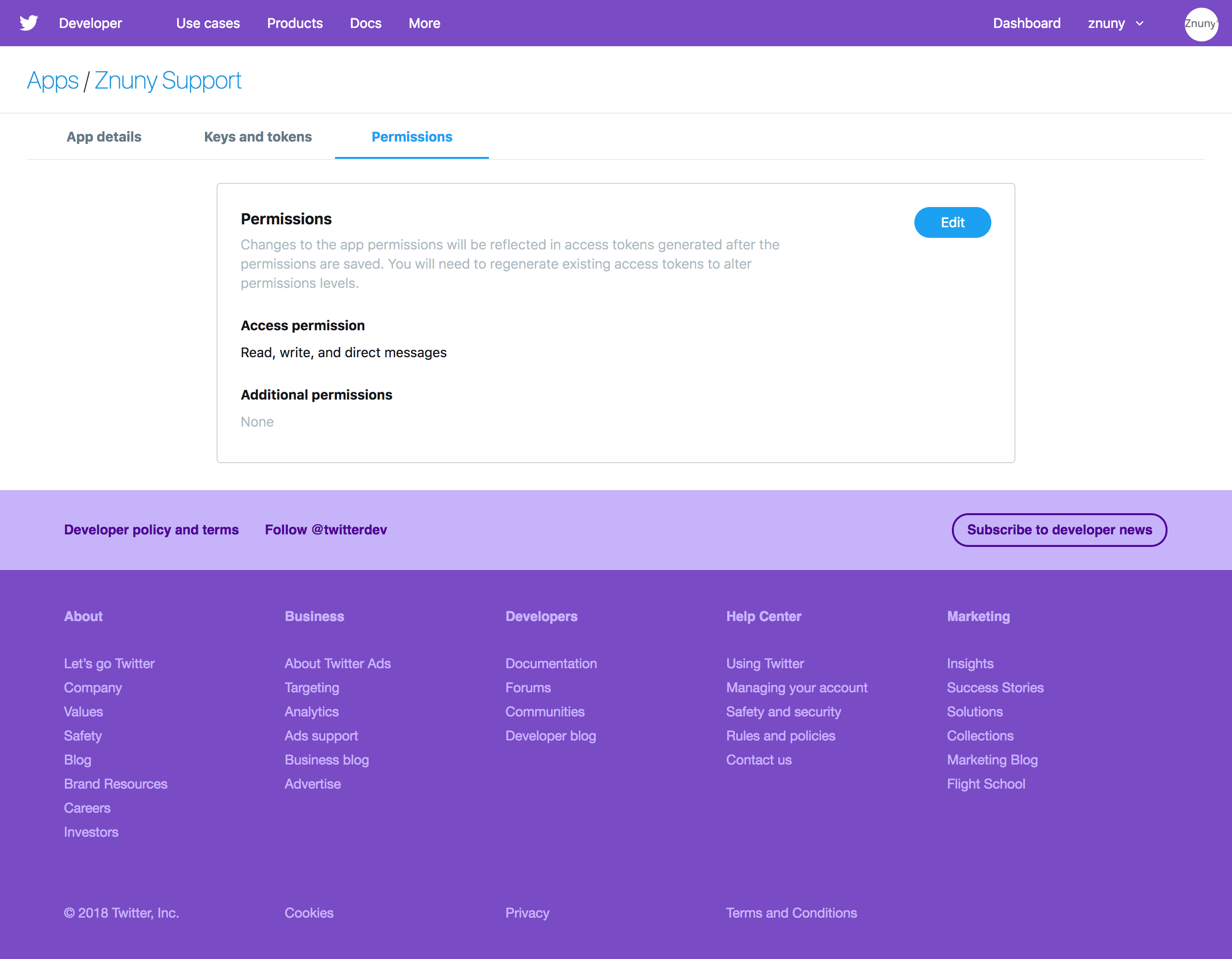Twitter Developer account: App permissions page