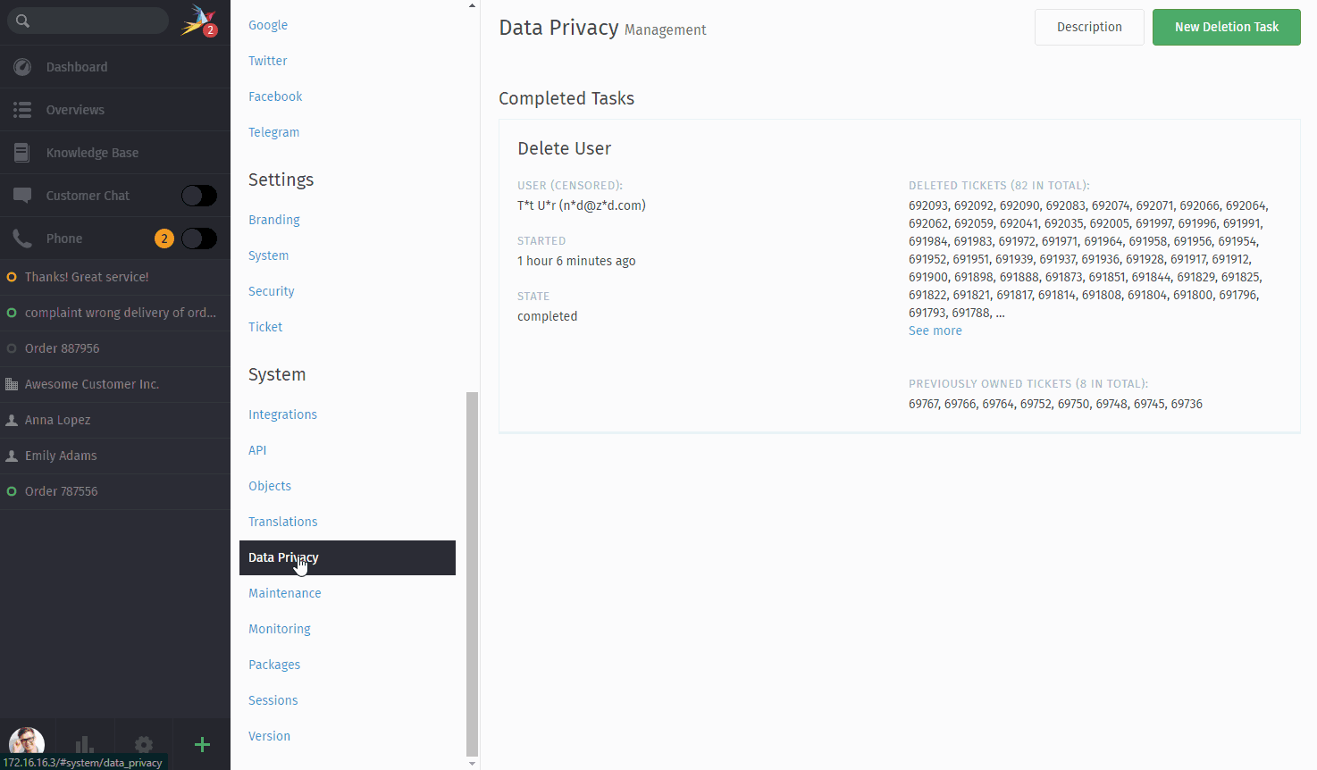 Accessing the user deletion dialog under “Data Privacy” in the Admin Panel