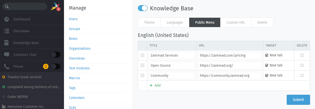 Knowledge Base: Configure public menu