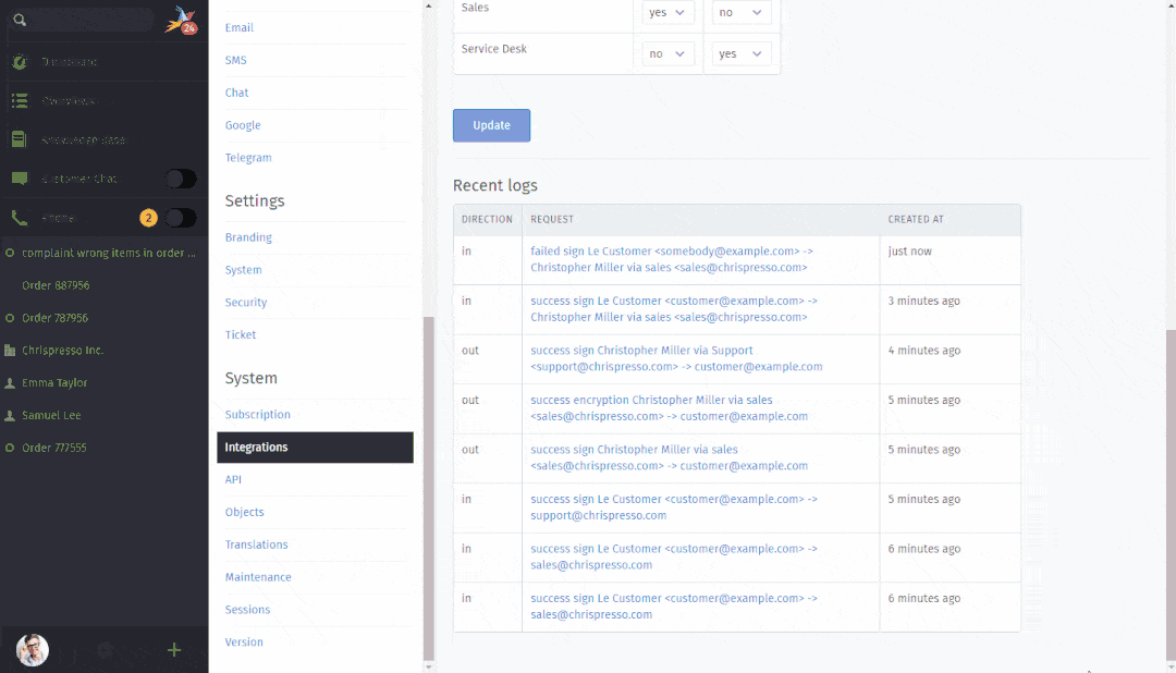 Sample entries of in- and outgoing S/MIME related emails.