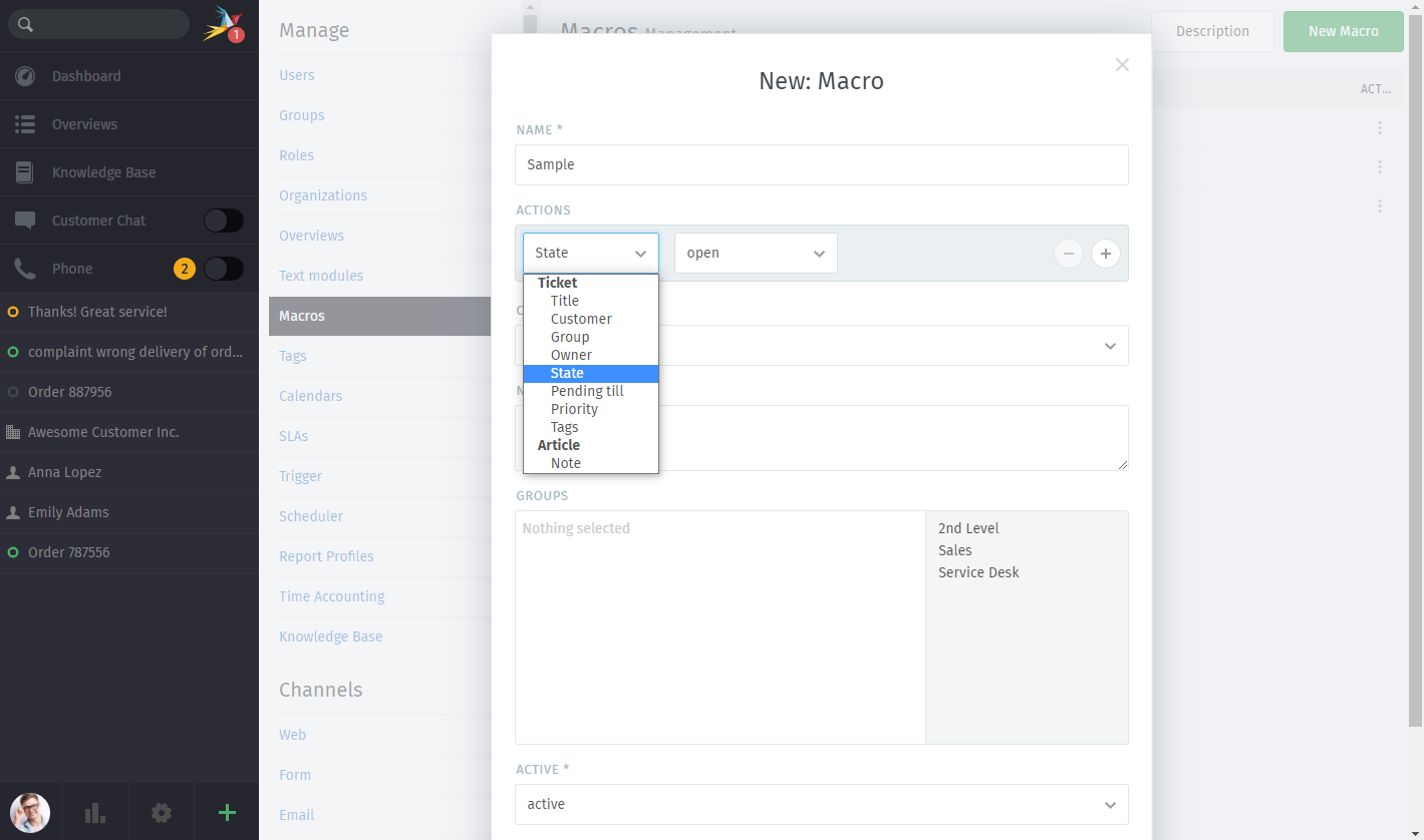 Screenshot showing different possible actions for macros.