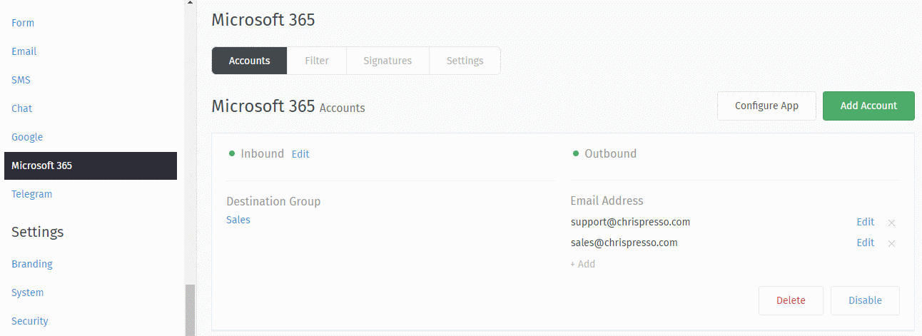 Email settings panel