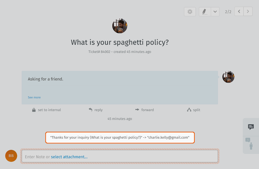 Screenshot of auto-reply notification in ticket view