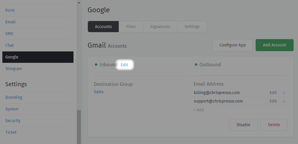 Location of account details settings for existing accounts