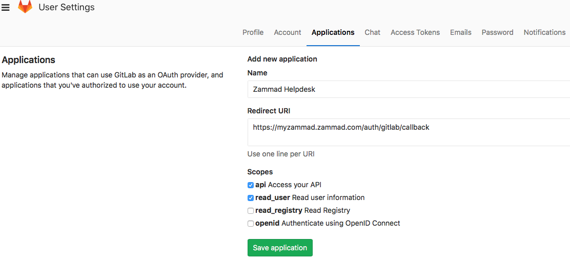 Register OAuth app on gitlab instance