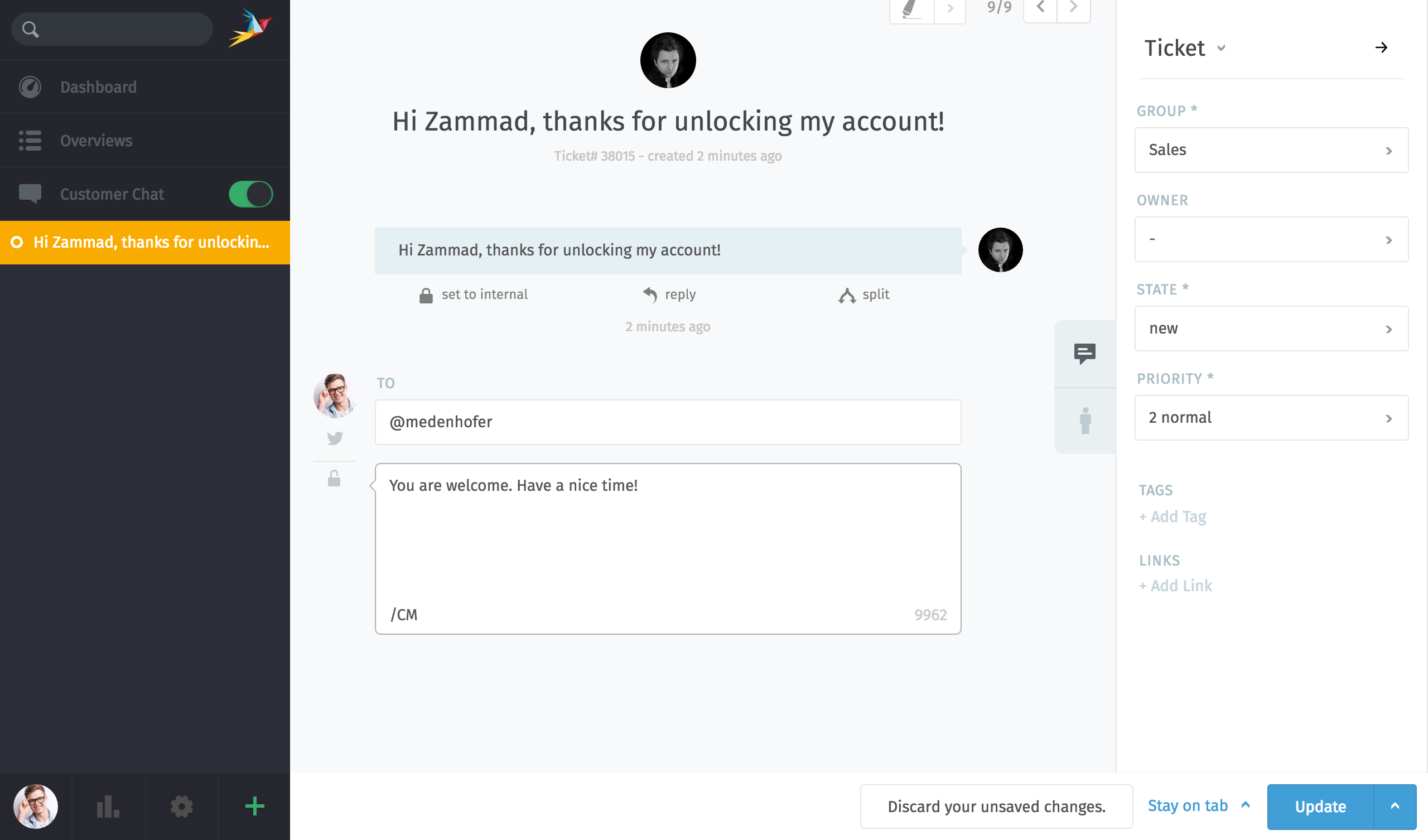 Twitter Ticket with draft reply
