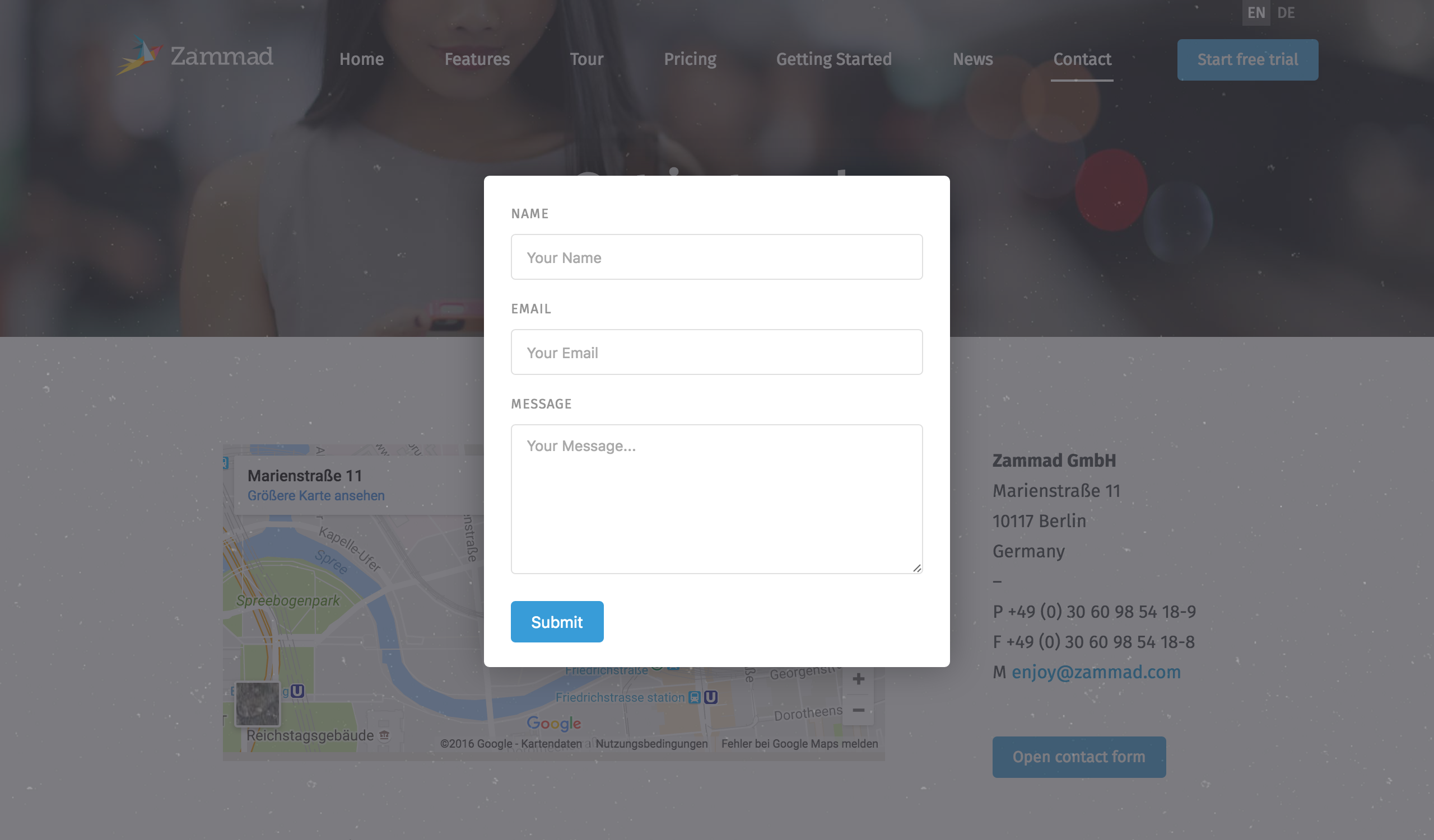 example form as modal dialog