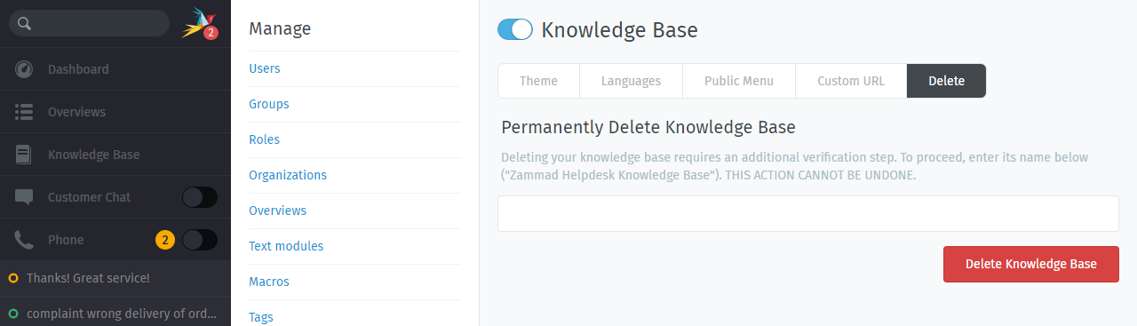 Knowledge Base: Delete knowledge base