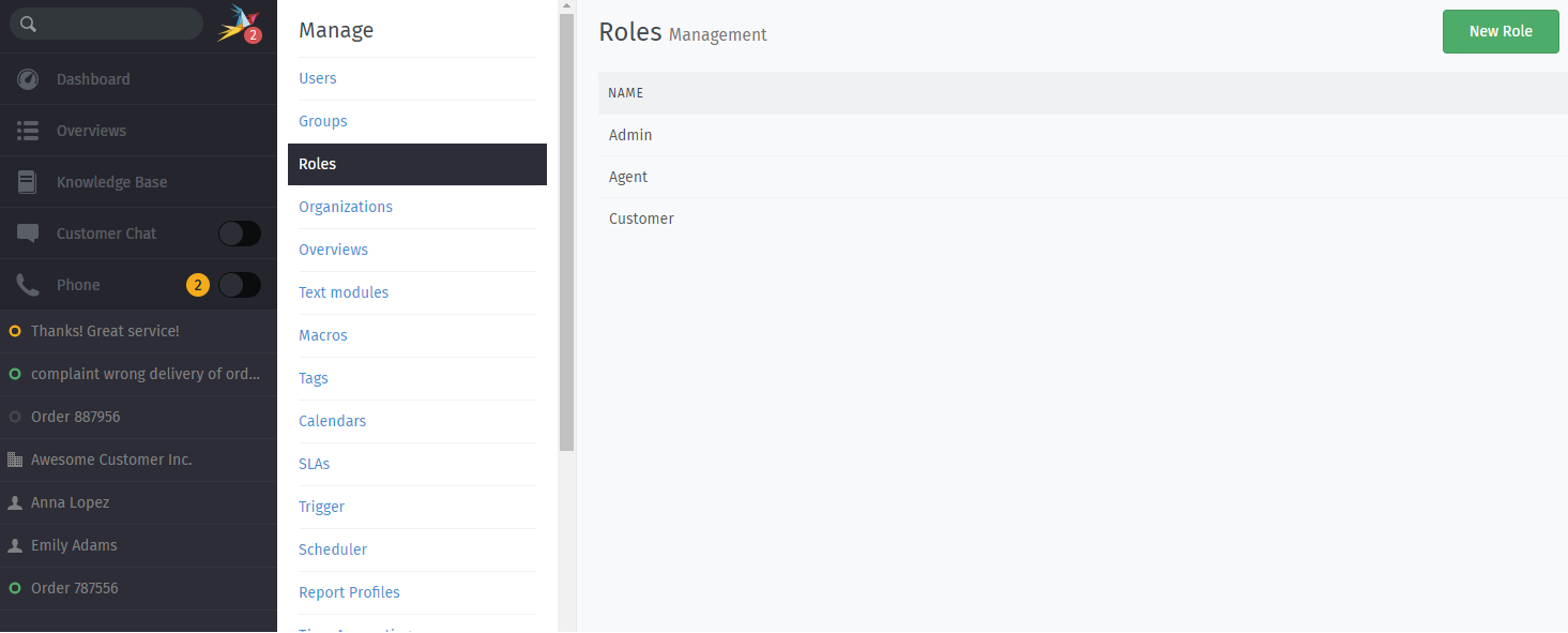 Role overview within Zammads admin settings.