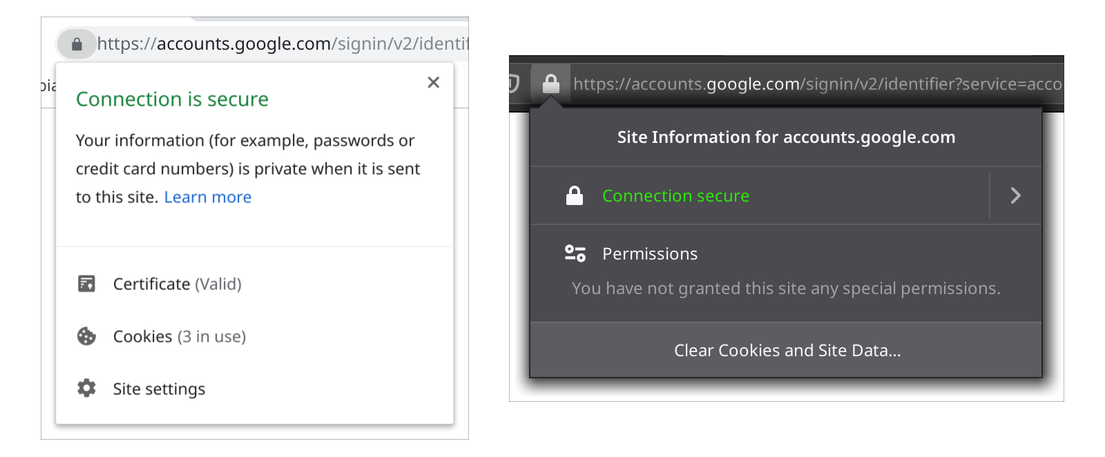 Screenshot of security indicators in browser address bar