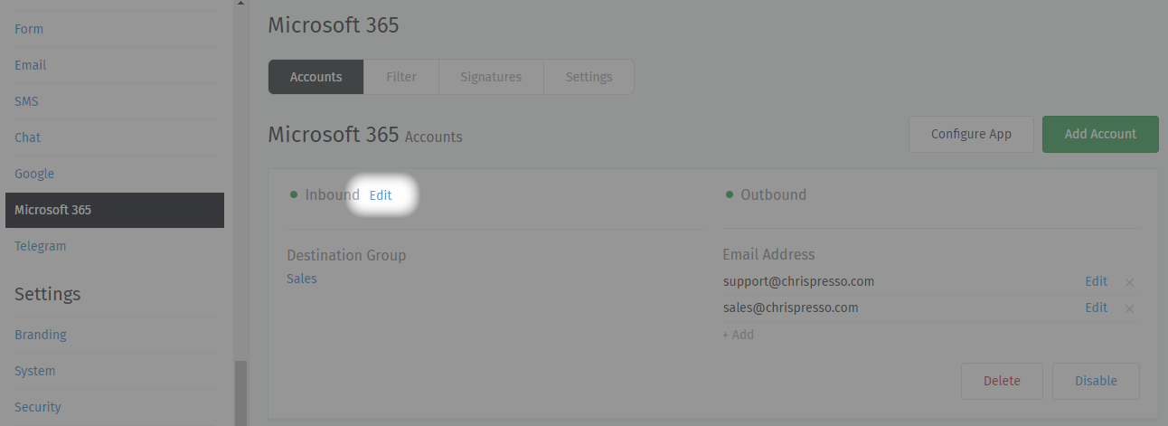 Location of account details settings for existing accounts