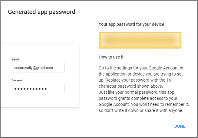 Screenshot of successfully generated app password