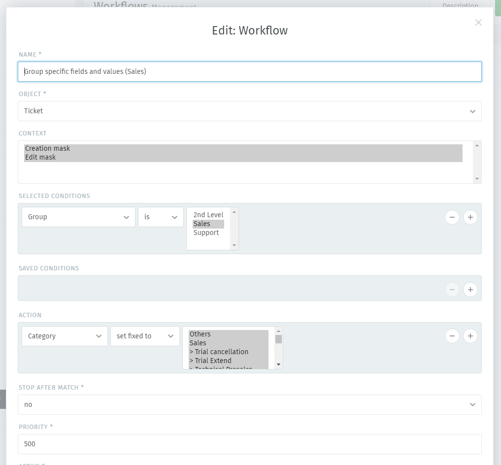 Sample workflow that shows specific values and fields for sales