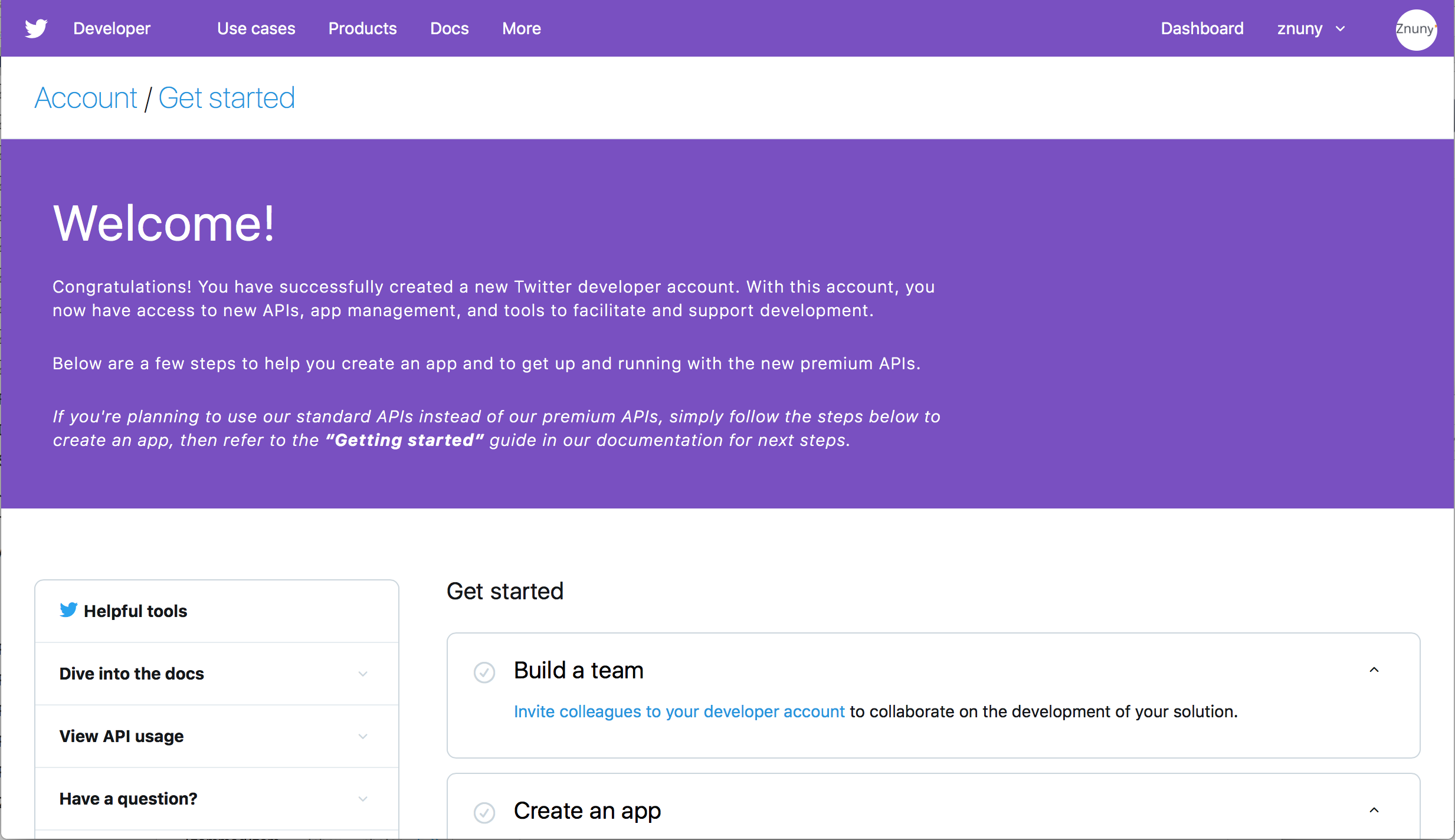 Twitter Developer account: Welcome page