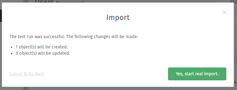 CSV import test run and confirmation dialog