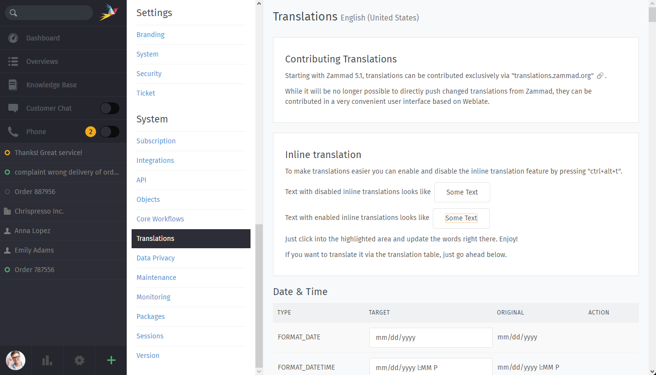 Translation management page within the admin menu