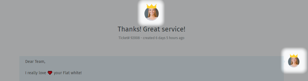 Ticket view showing a VIP user’s avatar with a crown on it