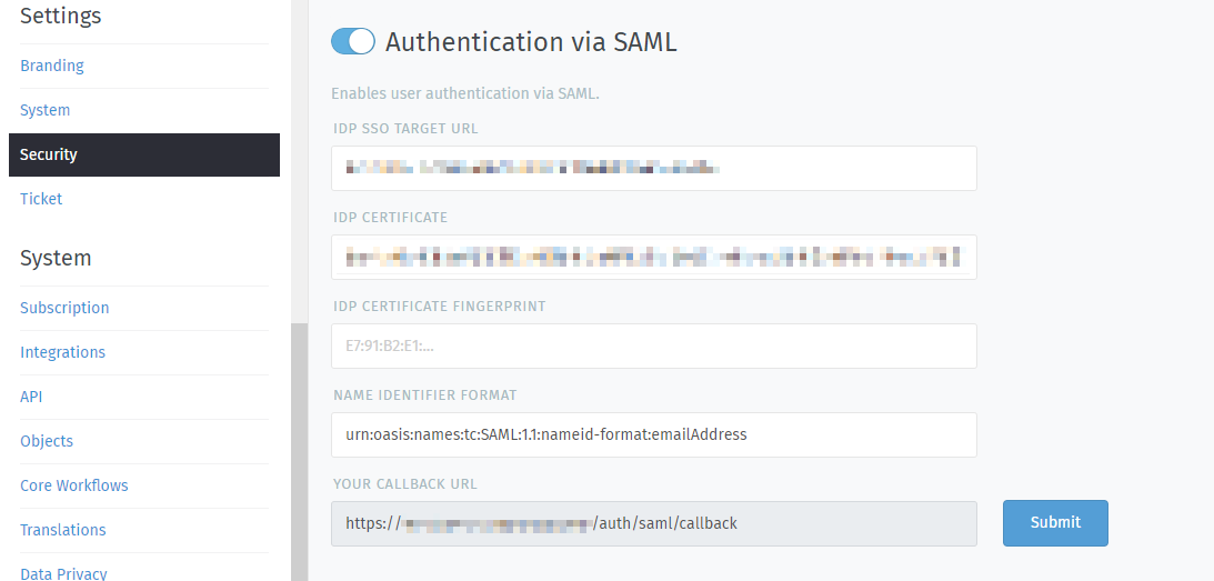 Example configuration of SAML