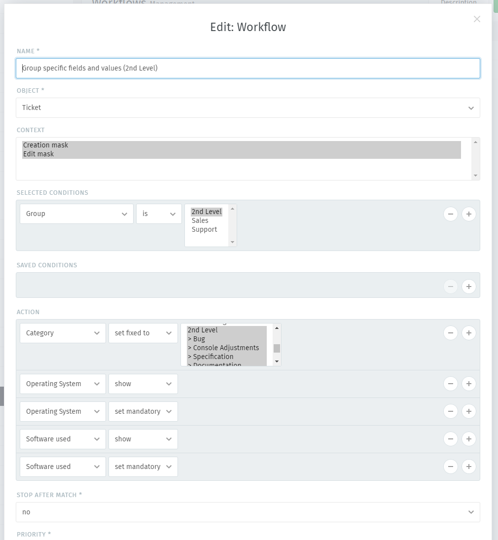 Sample workflow that shows specific values and fields for 2nd level