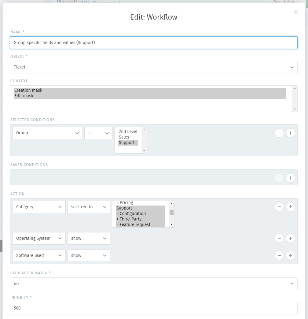 Sample workflow that shows specific values and fields for support