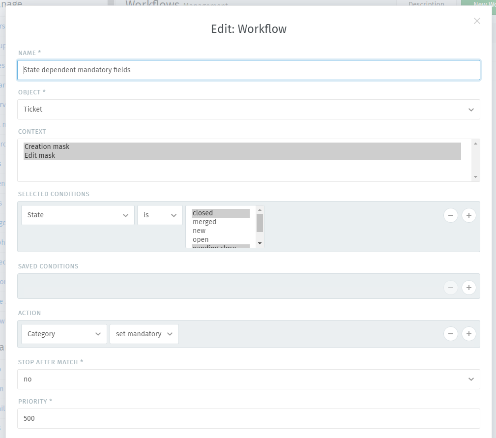 Sample workflow that sets fields to mandatory on specific states
