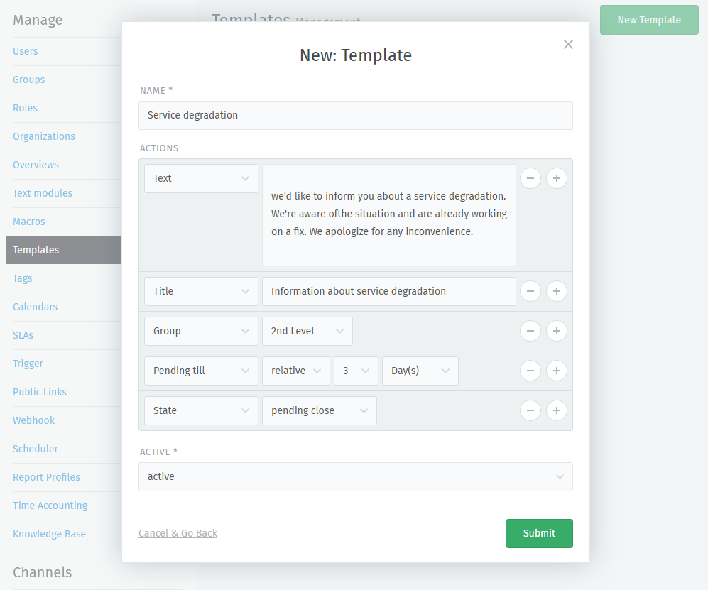 Screenshot showing the template configuration