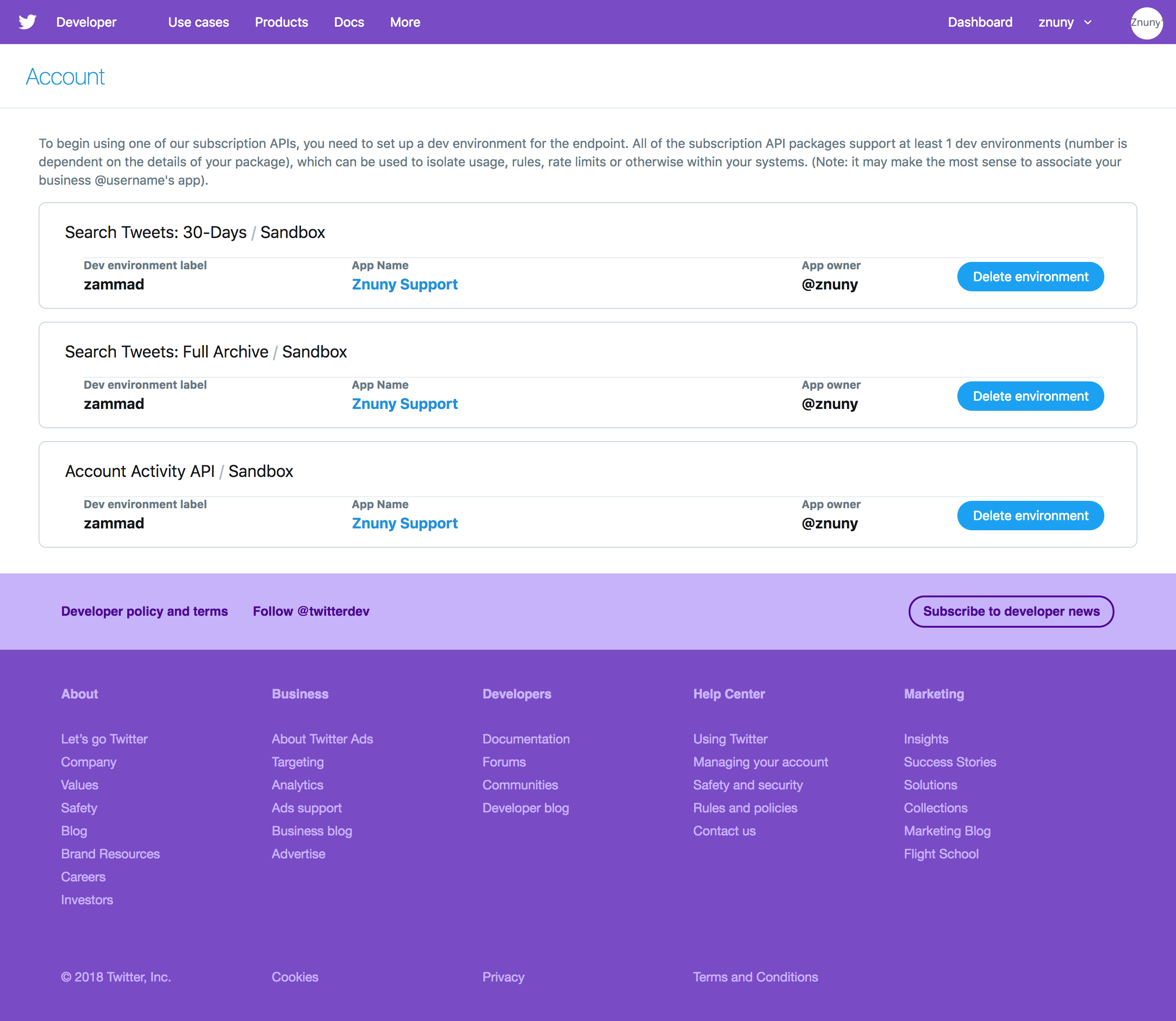 Twitter Developer account: Dev environments page