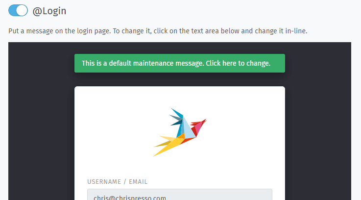 Screenshot showing the default login message within the settings page