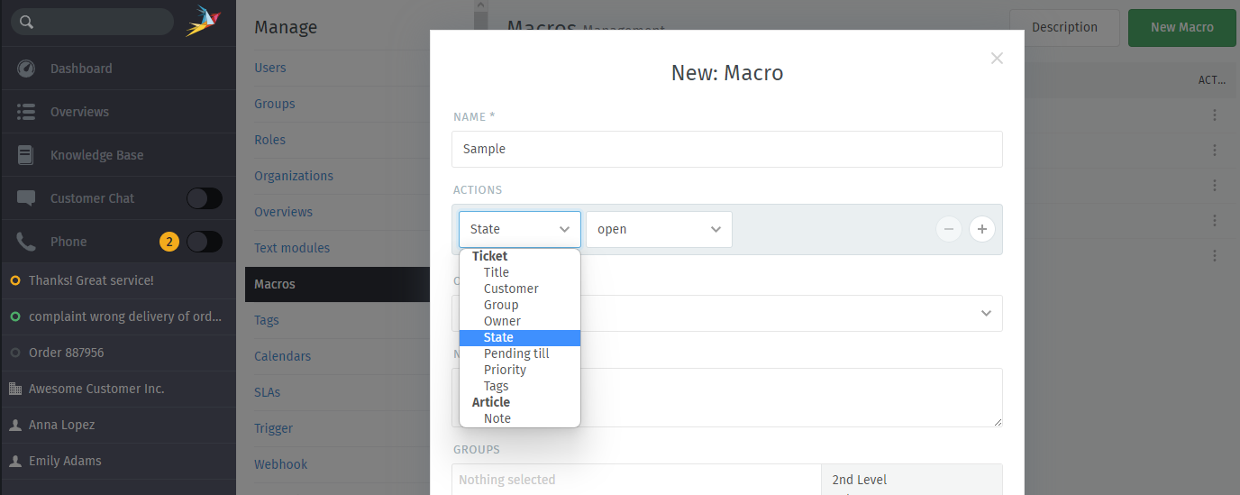 Screenshot showing different possible actions for macros.