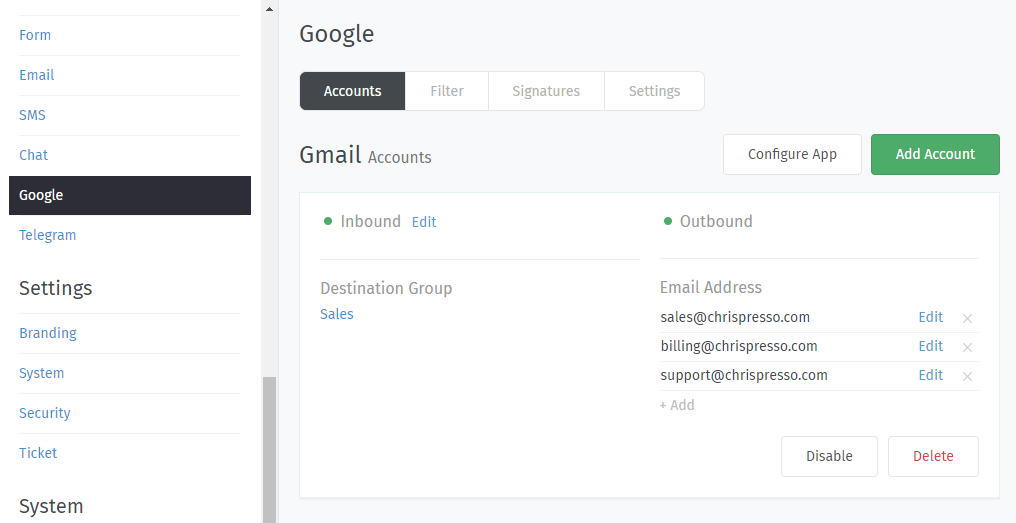 Email settings panel