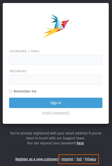Screenshot showing Zammad's forgot password page with custom public links