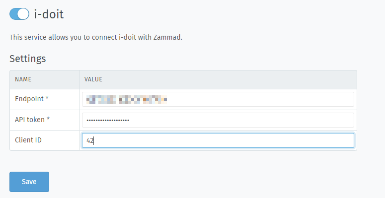 i-doit settings within the integration pages