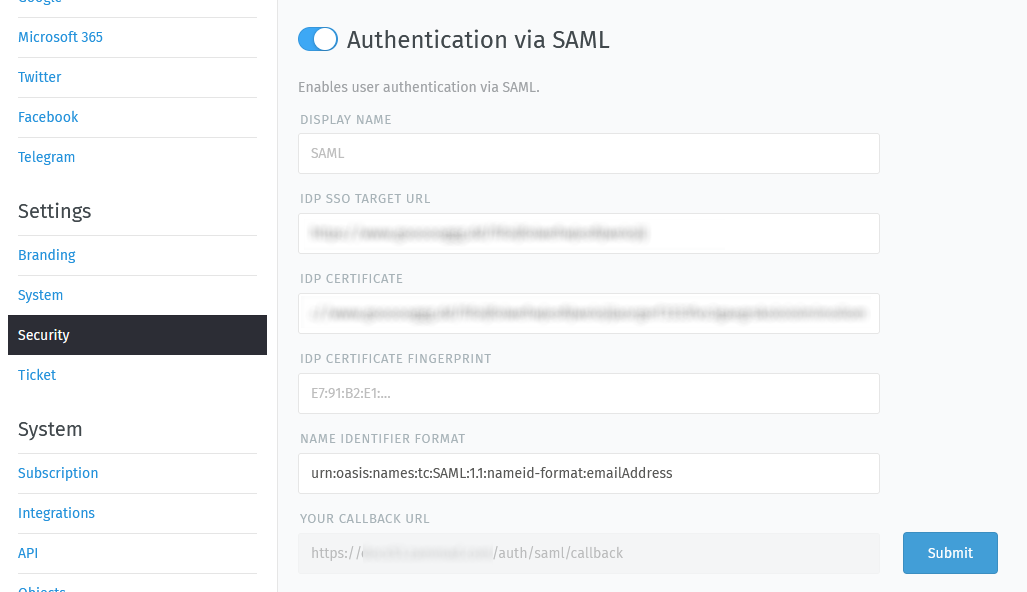 Example configuration of SAML
