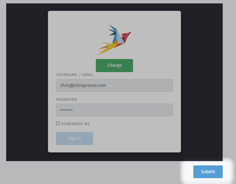 Screenshot mit Hervorhebung der Schaltfläche "Senden" im Dialog zum Ändern des Logos