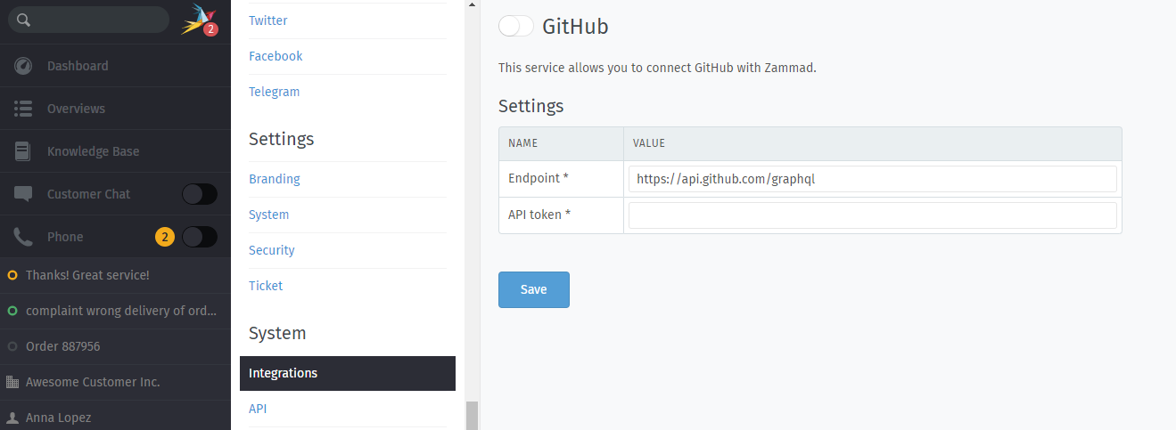 Seite GitHub-Integration in Zammad