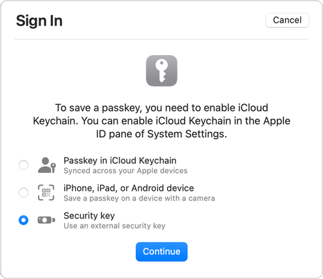 Sicherheitsschlüssel-Dialog in Safari unter macOS