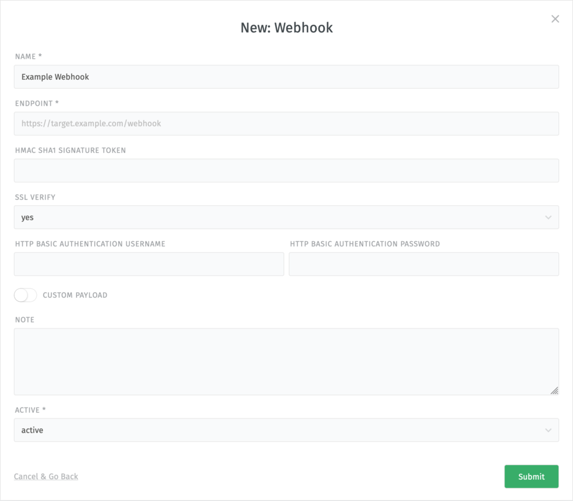 Dialog mit Webhook-Konfiguration