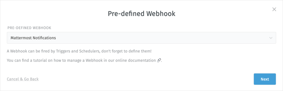 Dialog "Neuer Webhook" für vordefinierte Mattermost-Benachrichtigungen