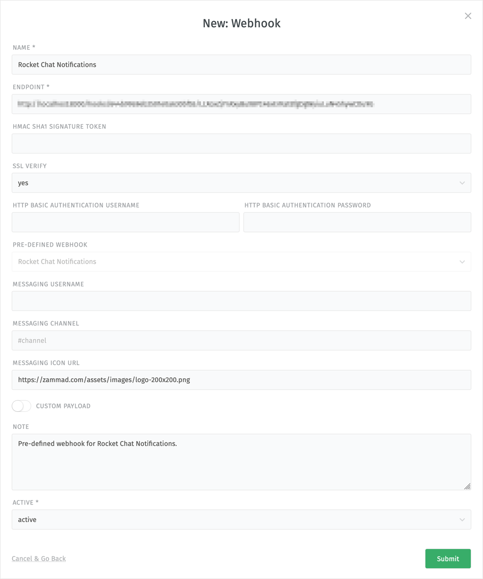 Konfigurieren des Rocket Chat Webhook-Endpunkts