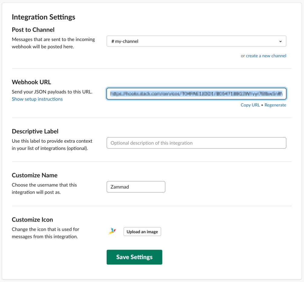 Integrationseinstellungen der Incoming WebHooks App