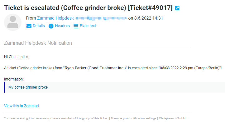 E-Mail-Benachrichtigung für ein Ticket, das eskaliert ist.