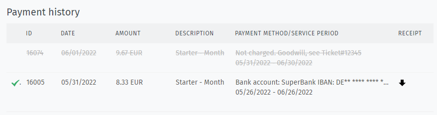 Screenshot der Zahlungshistorie einer Hosting-Instanz