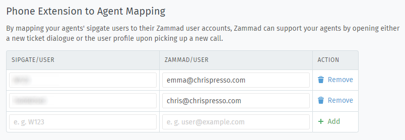Screenshot mit Beispielen für Benutzerzuordnungen zwischen Sipgate und Zammad