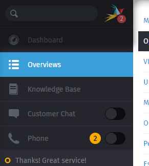 Tabs in der Seitenleiste: Übersichten, Knowledge Base, Kundenchat, Telefon