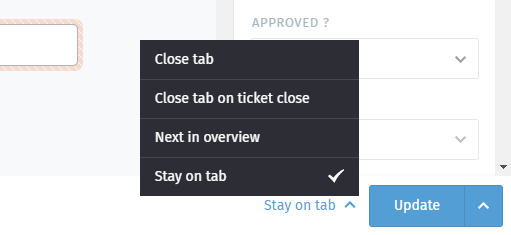 Ticket-Ansicht mit Option zur Einstellung des Verhaltens von Zammad