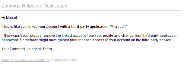 Screenshot mit Beispiel einer Benachrichtigungsmail nach der ersten Verknüpfung mit Drittanbieter-Login