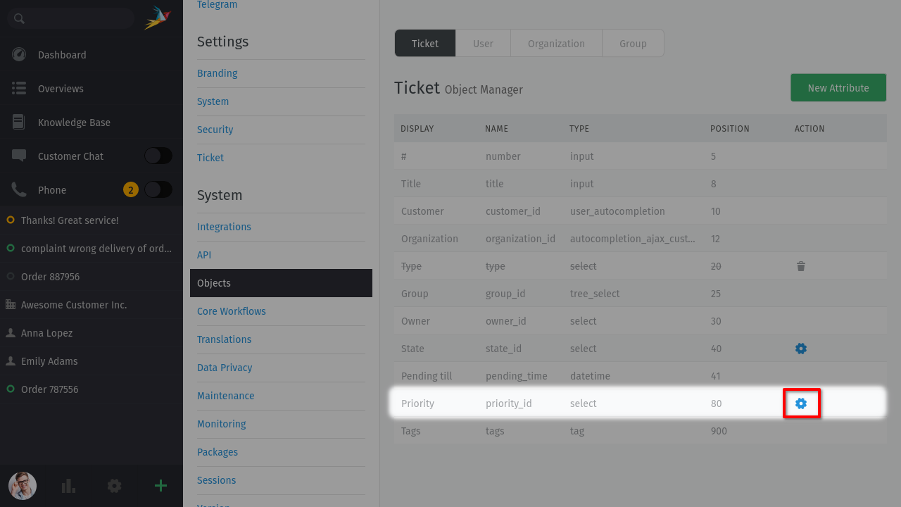 Screenshot mit hervorgehobenem Ticketprioritätsattribut