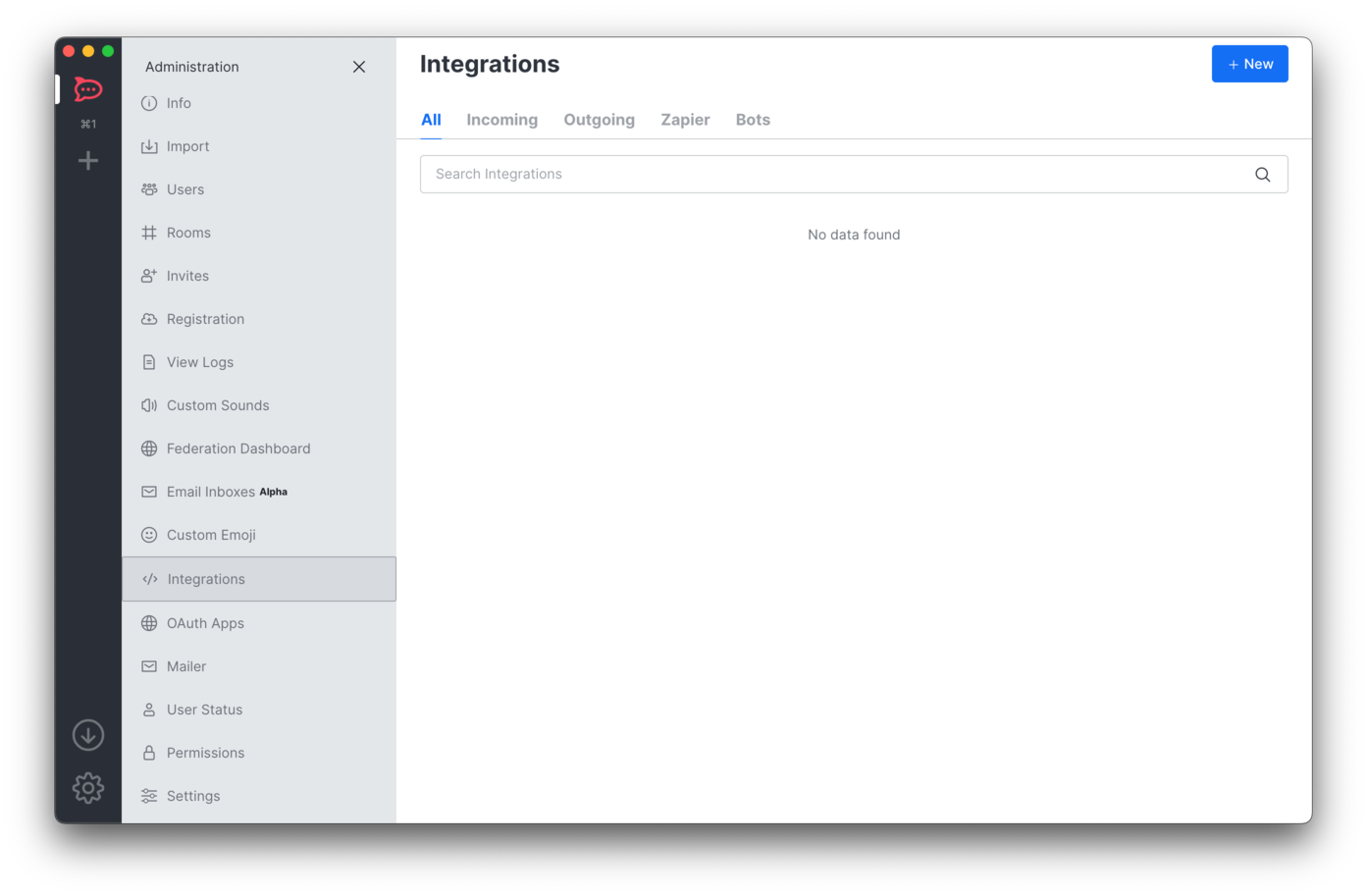 Schaltfläche "Neue Integration" in Rocket Chat